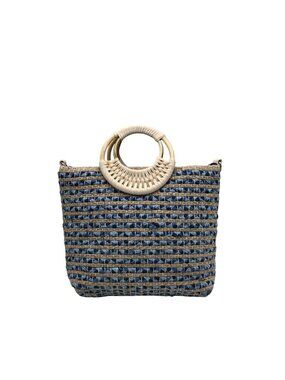 America & Beyond Blue & Cream Woven Wool Tote Bag